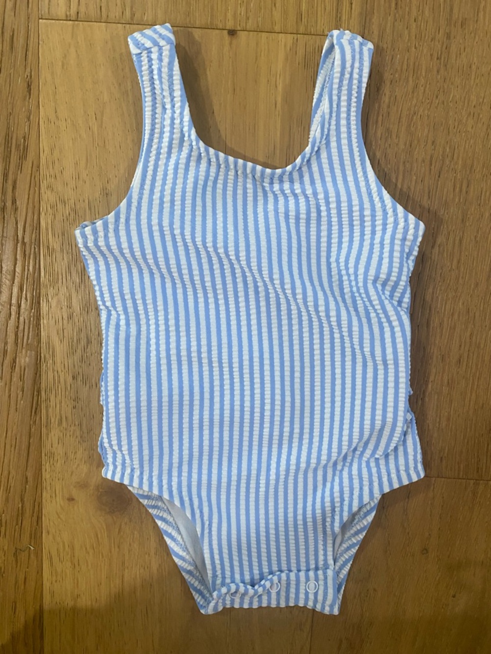 Blue & White seersucker Striped Ruffle bottom Baby Girl One-Piece swim 3-6m EUC